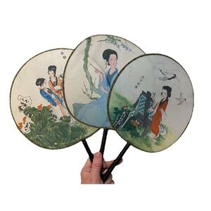 3 Vintage Silk Paddle Fans With Red Tassels, Hand Painted, Japanese Geishas
